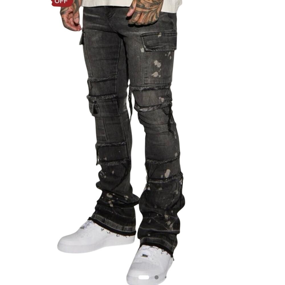Side Snap Cargo Stacked Skinny Flare Jeans - Black Wash